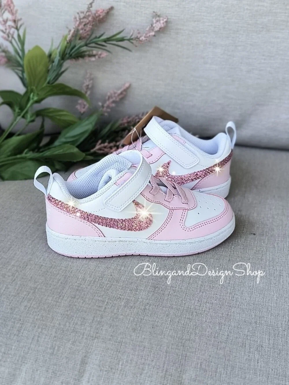 Swarovski Nike Court Borough Low Recraft Girls Toddler Bling Sneakers Pink White